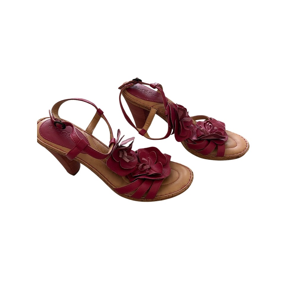 Sandals Floral Y2K Born Crown Womens 10 Magenta Leather 3D Flower Heel W51912 - Picture 3 of 8